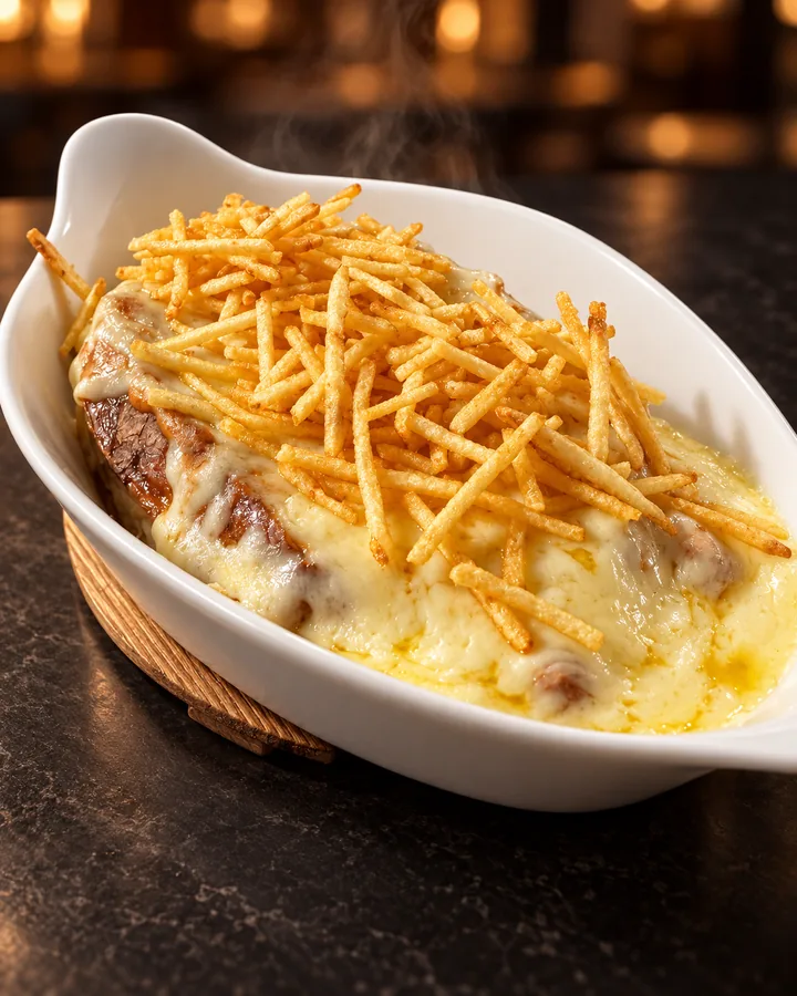 Batata recheada com queijo e batata palha