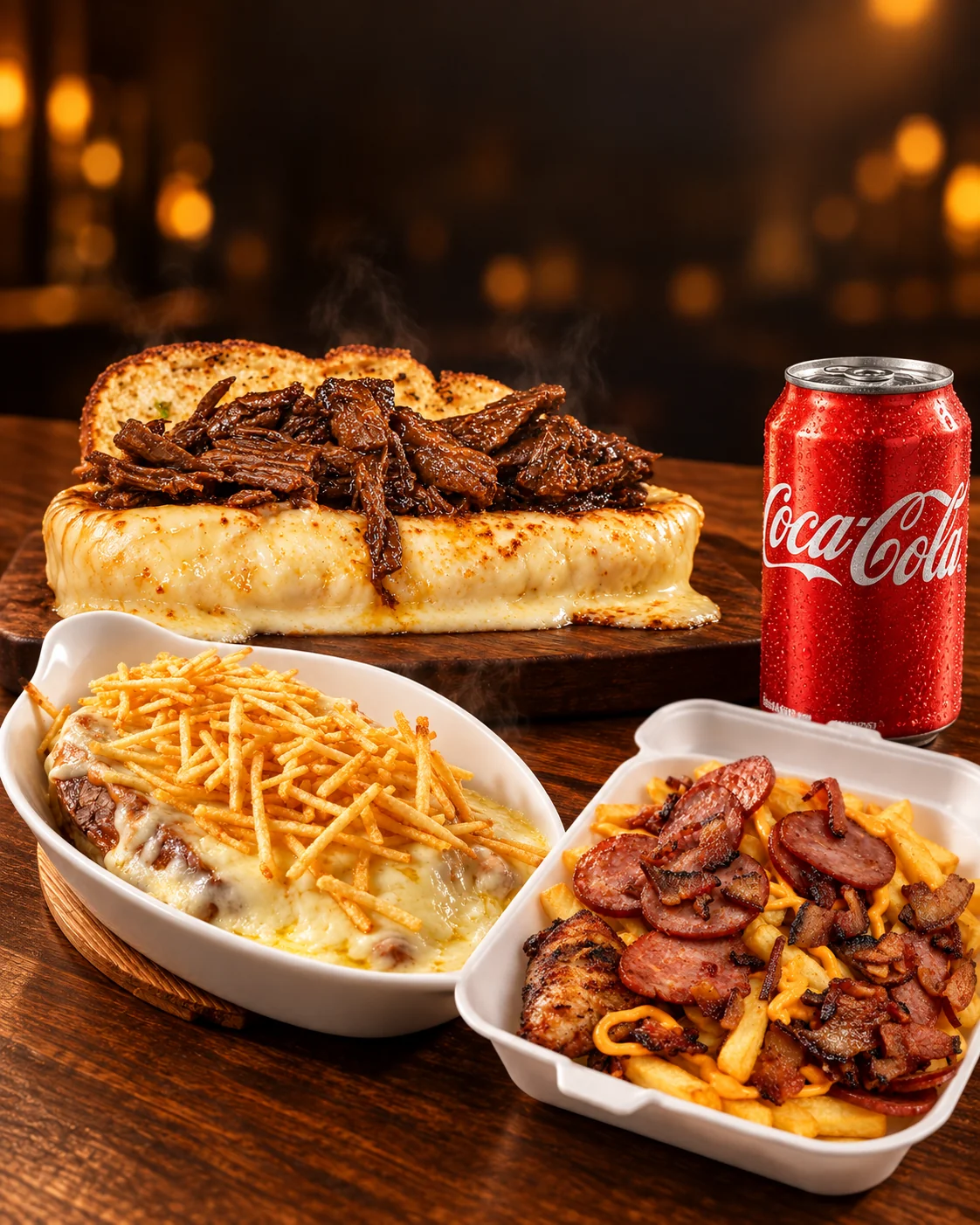 Combo com pão de alho de contra filé, batata à bolonhesa, batata kids e Coca-Cola lata